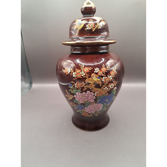 8.5" Jar Birds Floral Porcelain Ginger Jar lid Ceramic Shiny Glaze Gold Trim - Picture 2 of 14